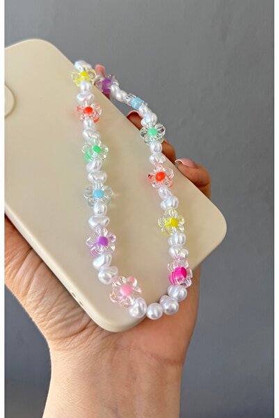 MİRAZ TASARIM Mi̇raztesarim Transparent Flower and Pearl Beaded Phone Charm Phone Hanger