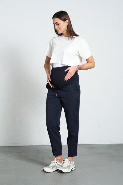 BUSA Maternity Flexible Abdominal Banded Waist Adjustable Leg Buttoned Classic Trousers Navy Blue