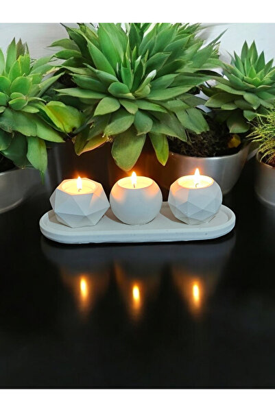 zanfagroup Üçlü Tealight Beton Mumluk Ve Saksı Set Tabaklı (Mumlar Dahildir)