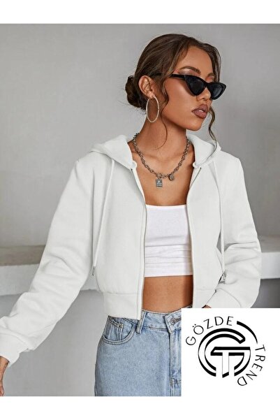 Genel Markalar Kadın Sweatshirt 3 Iplik Kapşonlu Crop Sweatshirt