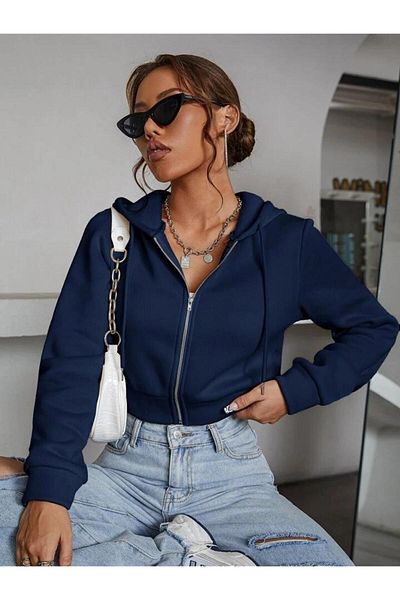 GÖZDE GİYİM Women's Sweatshirt 3 Thread Hooded Crop Sweatshirt