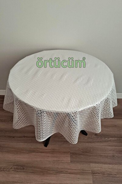 Örtücüm Beyaz Yuvarlak Hasır Örgü Desen Pvc Şeffaf Kaplama Kalın Dantel Lüks Muşamba Masa Örtüsü Silinebilir