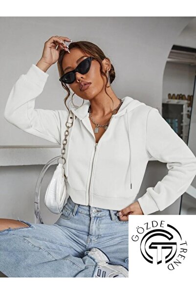 Genel Markalar Kadın Sweatshirt 3 Iplik Kapşonlu Crop Sweatshirt