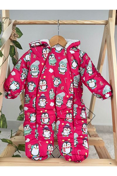 Minizade Patterned Winter Baby Romper for Baby Girl - Zippered Astronaut Cosmonaut Coat