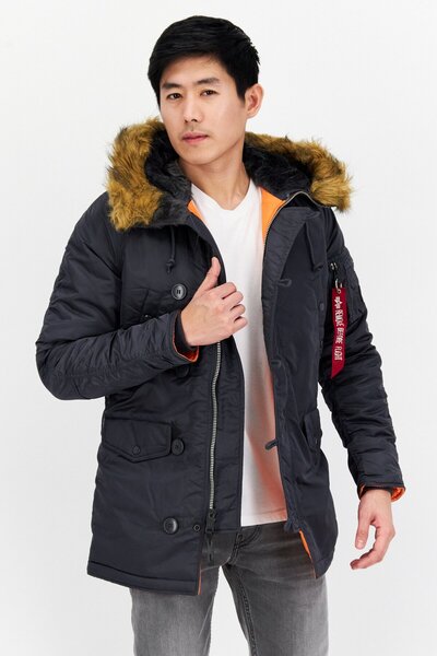 Alpha Industries Men Faux Fur Hood Plain Parka Jacket, Navy