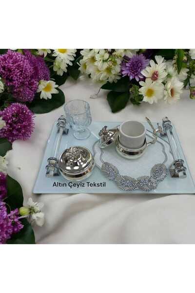 Altın Çeyiz Tekstil Gümüş Taşlı Kahve Yanı Kokteyl Sunum Peçetesi 6'lı