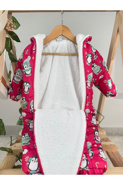 Minizade Patterned Winter Baby Romper for Baby Girl - Zippered Astronaut Cosmonaut Coat