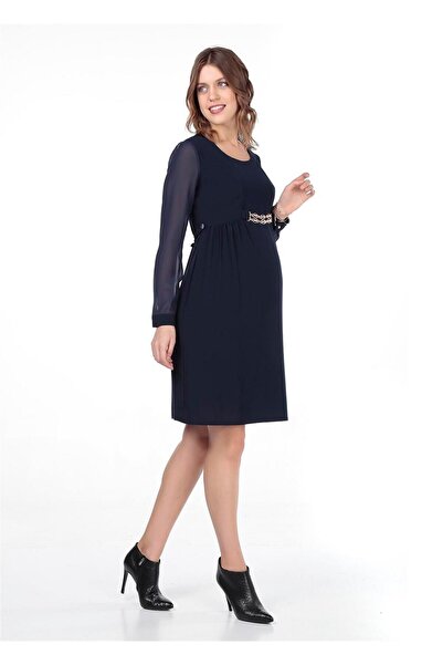 BUSA Hamile Abiye Elbise Koldan Tül Üst Aksesuarlı Lacivert