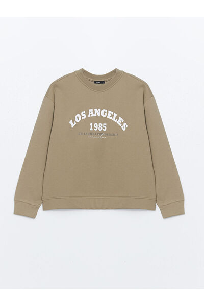 LC Waikiki سويت شيرت نسائي كاكي برقبة دائرية مطبوع عليه لوس أنجلوس