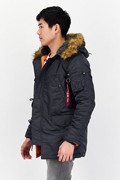 Alpha Industries Men Faux Fur Hood Plain Parka Jacket, Navy