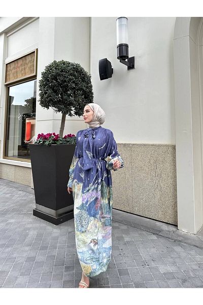 AMITIE Navy Blue Print Halter Neck Rope Belt Maxi Length Dress