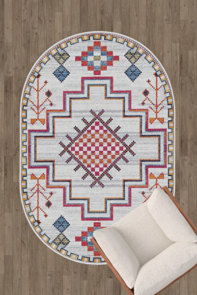 HaLıFoRuM Makinede Yıkanabilir Salon Halısı Oval Kaymaz Tabanlı Dekoratif Yolluk Ovl-05krem