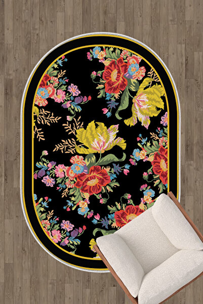 HaLıFoRuM Dekoratif Kaymaz Tabanlı Oval Halı Makinede Yıkanabilir Salon Halısı Ve Yolluk Ovl-04sarı