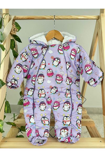 Minizade Patterned Winter Baby Romper for Baby Girl - Zippered Astronaut Cosmonaut Coat