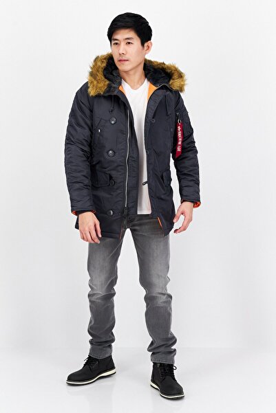 Alpha Industries Men Faux Fur Hood Plain Parka Jacket, Navy