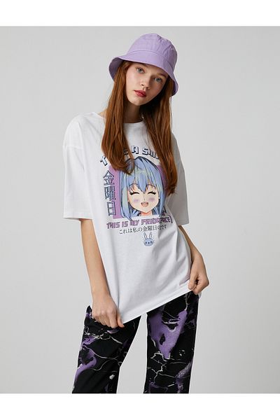 Koton Anime Tričko Oversize Krátký rukáv Posádka Výstřih Uvolněný střih