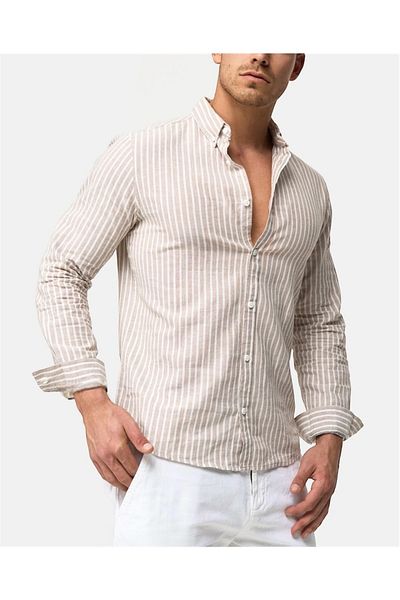 Piola Club Μπεζ Slim Fit πουκάμισο - Ανδρικό, γιακά με κουμπιά, ριγέ