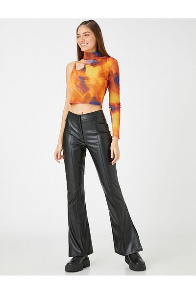 Koton Leather Look Trousers Flared Leg Ribbed High Waist