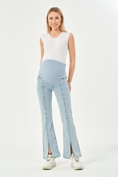 BUSA Maternity Stretchy Tummy Band Adjustable Waist Flared Leg Jeans Trousers Light Blue