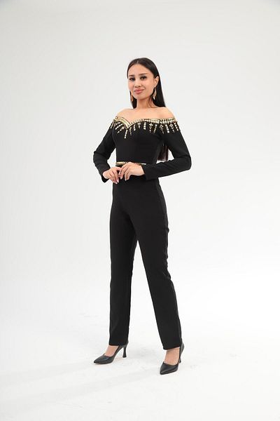 Robes Women's Long Sleeve Stone Printed Strapless Stylish Evening Dress Jumpsuit