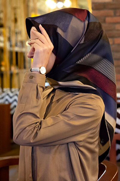 Vissona Geometric Pattern Burgundy and Navy 90X90 Scarf - 100% Twill Silk, Hand Stitched