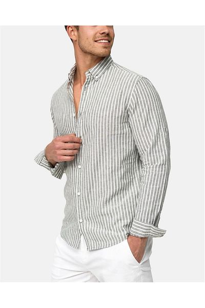 Piola Club Ανδρικό πουκάμισο Khaki Slim Fit - Βαμβακερό λινό ριγέ, γιακάς με κουμπιά