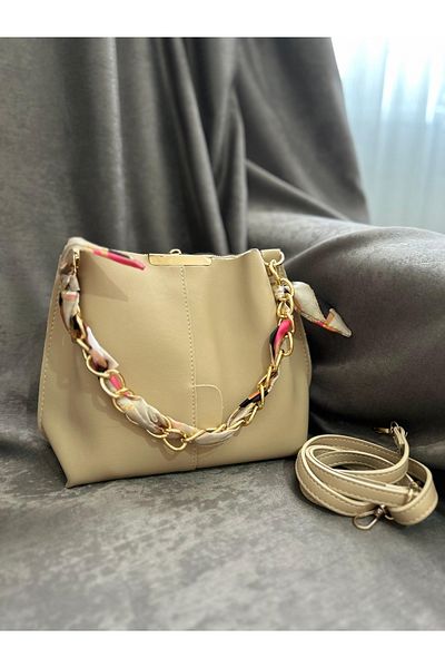 sinmm Women's Beige Color 3 Compartment Shoulder Handbag with Chain and Scarf Detail