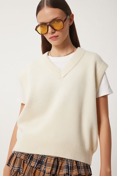Lovelyİstanbul Cream V-Neck Knitwear Sweater - Lpf0065