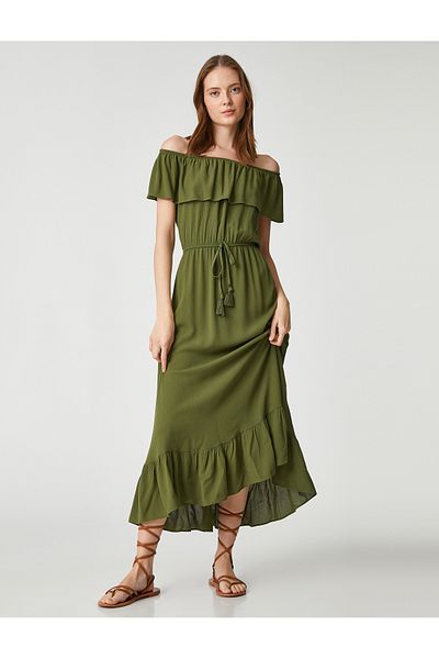 Koton Boat Neck Plain Khaki Midi Dámské šaty 3sak80001pw