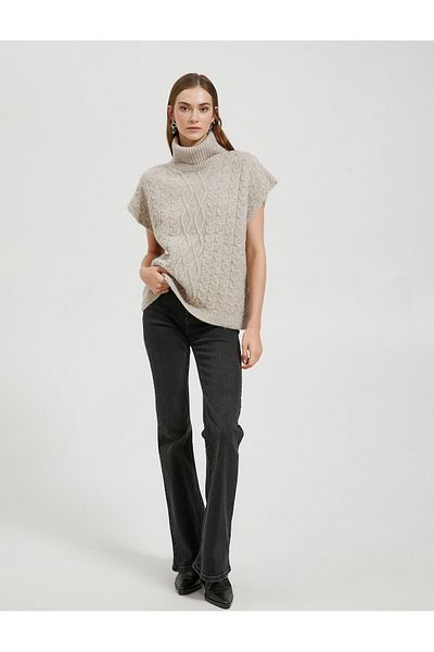 Koton Turtleneck pulóver fonott mintás rövid ujjú bordázott