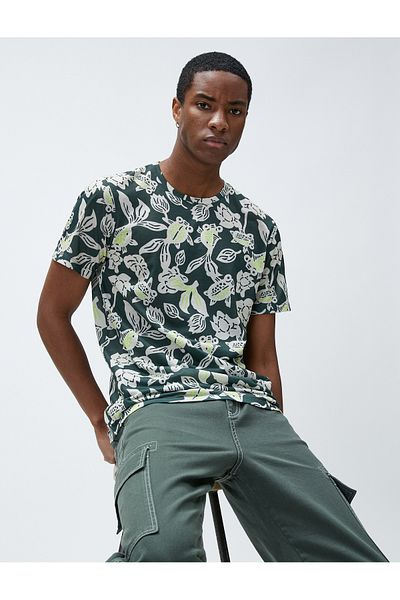 Koton Tričko s rybím potiskem Crew Neck Slim Fit Krátký rukáv