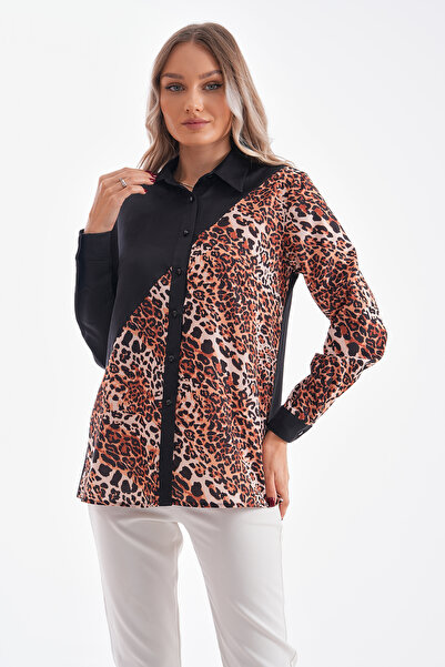 Loom Boutique Women's Large Size Leopard Print Detailed Black Shirt G0061