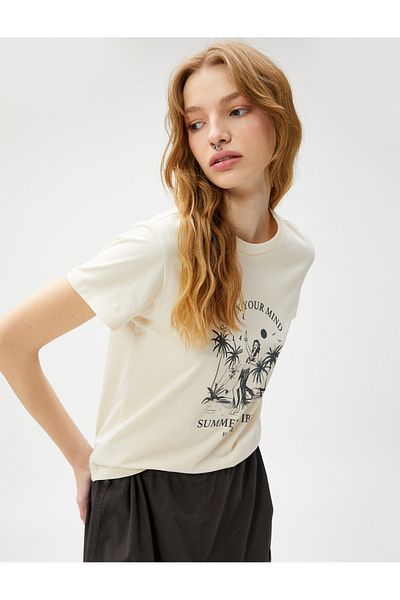 Koton Bavlnené tričko s potlačou Crew Neck Slogan