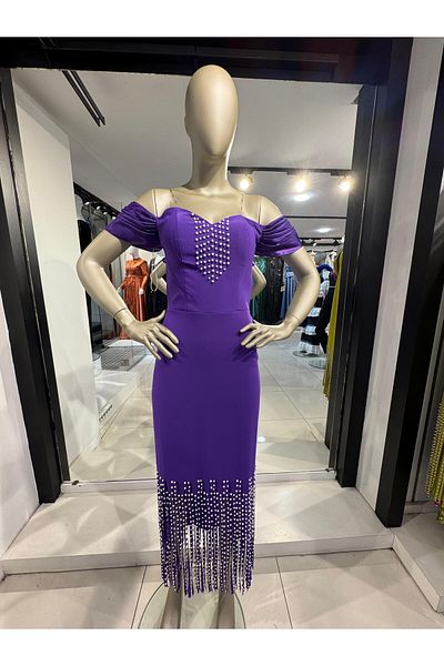 Robes Rochie elegantă de damă cu umăr dezactivat cu perle