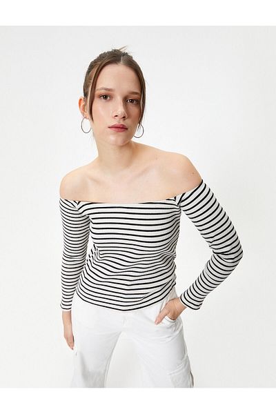 Koton Tricou slim din bumbac cu guler Madonna - cu mânecă lungă cu nervuri