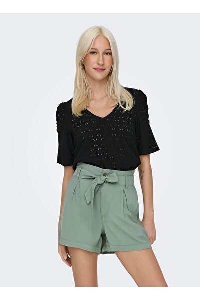 ONLY V Yaka Transparan Siyah Kadın Bluz ONLROSA S/S V-NECK PUFF TOP JRS