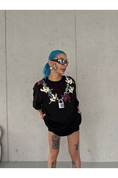 New Shine Μπλουζάκι Unisex Crew Neck Printed Oversize - Μαύρο
