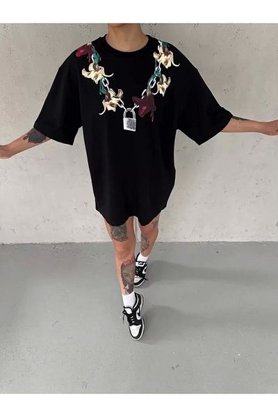New Shine Μπλουζάκι Unisex Crew Neck Printed Oversize - Μαύρο