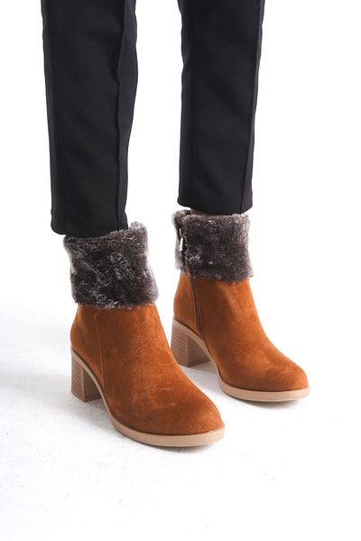 BZ Moda KATYA Orthopedic Suede Γυναικείες Μπότες - TT Tan με φερμουάρ, τακούνι και λεπτομέρεια από γούνα