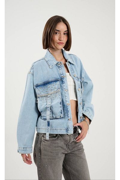 Calisa Jachetă de blugi cu ciucuri de piatră pentru femei Design special