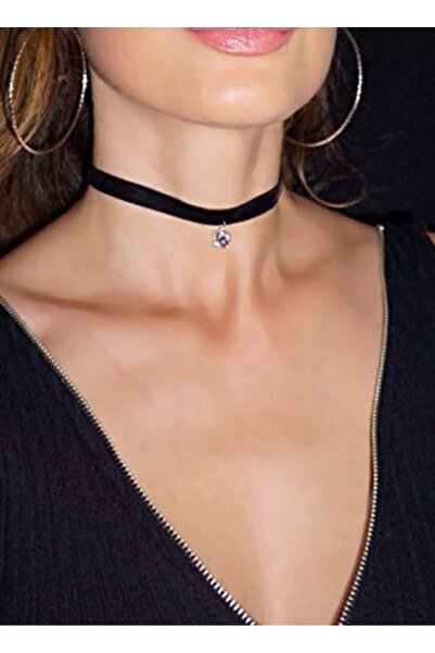 Nishstyle Silver Renk Tek Taş Uçlu 1 cm Siyah Kadife Choker