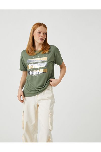 Koton Pailletten-T-Shirt mit kurzen Ärmeln und Rundhalsausschnitt