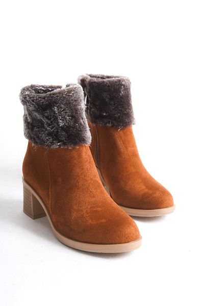 BZ Moda KATYA Orthopedic Suede Γυναικείες Μπότες - TT Tan με φερμουάρ, τακούνι και λεπτομέρεια από γούνα