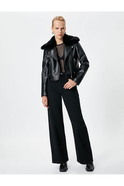 Koton Biker Jacket Faux Leather Zipper Faux Fur Detail