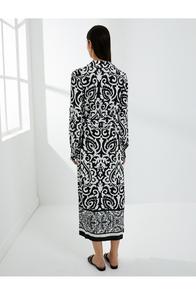 Koton Rochie cămașă midi din viscoză cu modele etnice - cu centură, cu nasturi, mânecă lungă