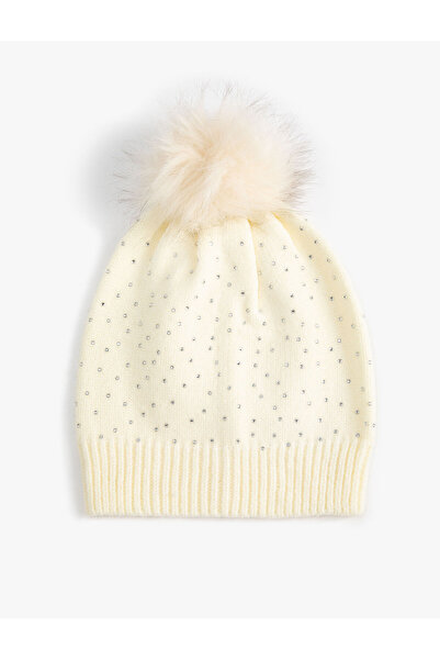 Koton Knitwear Beanie with Plush Pompom and Bead Embroidery