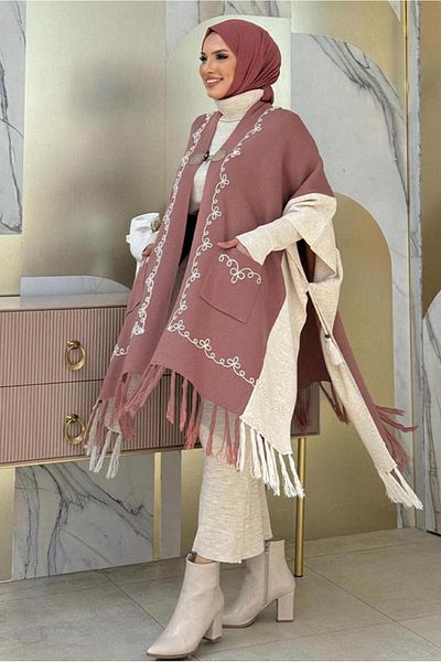 TRENDTESETTÜR Pink Dusty Rose Knitwear Poncho - T 15021 με λεπτομέρεια φούντας