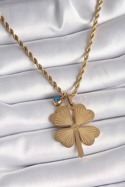 ShopZum 316L Steel Gold Color Twist Chain Model Clover Figure Evil Eye Bead Detail Women's Necklace