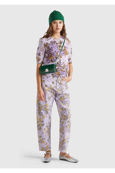 United Colors of Benetton Women's Lilac Wool Blended All Floral Print Crew Neck Short Sweater