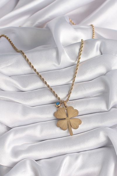 ShopZum 316L Steel Gold Color Twist Chain Model Clover Figure Evil Eye Bead Detail Women's Necklace